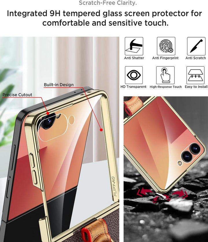 Miimall Lederhülle Kompatibel mit Samsung Galaxy Z Flip 7 Hülle mit Band+Ring Ständer [HD Displaysch