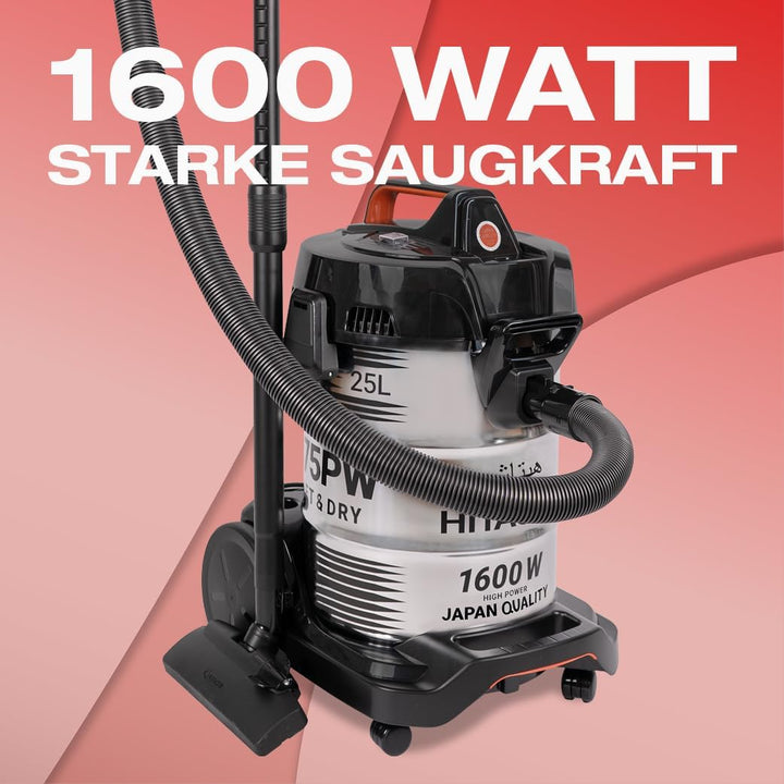 Hitachi CV-975PW Nass- und Trockensauger - 1600W Power, 30L Edelstahlbehälter - 25L Trocken- & 20L N