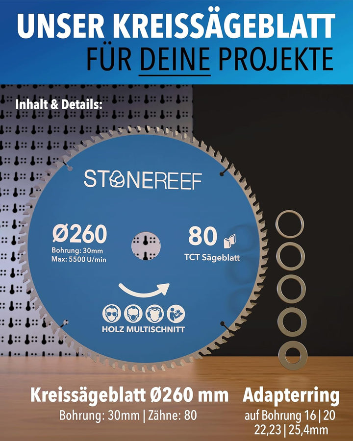 STONE REEF Sägeblatt 260x30 - Kreissägeblatt [inkl. Adapter auf Bohrung 20 &16mm], kompatibel mit Wi