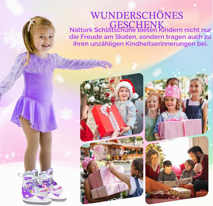 Nattork Mädchen Schlittschuhe für Kinder 4 Grössen verstellbar Regenbogen Schlittschuh mit Fleecefut
