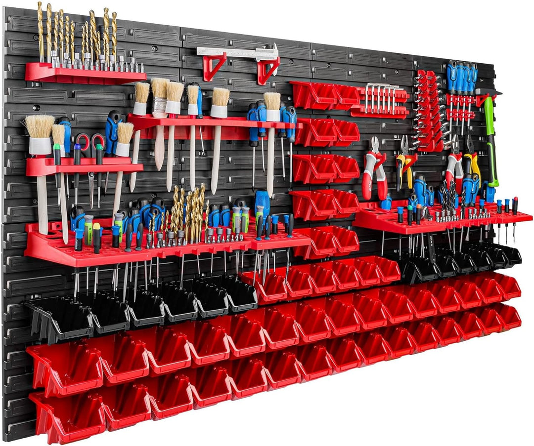 Lagersystem Werkstattregal | 156 x 78 cm | 58 stck. Box | Wandregal mit Werkzeughalterungen und Stap