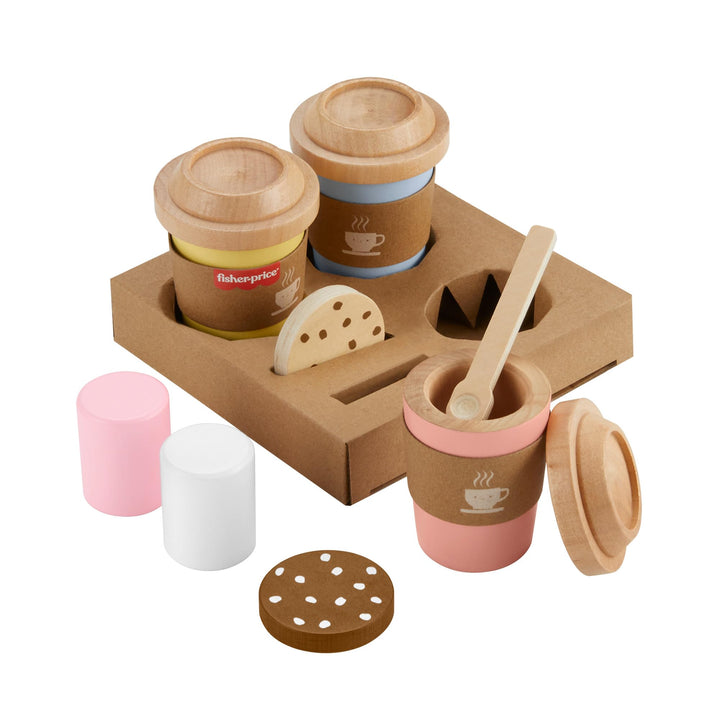 Fisher-Price Rollenspielset, Coffee-to-Go-Set aus Holz, Kaffeetassen und Leckereien für Kindergarten