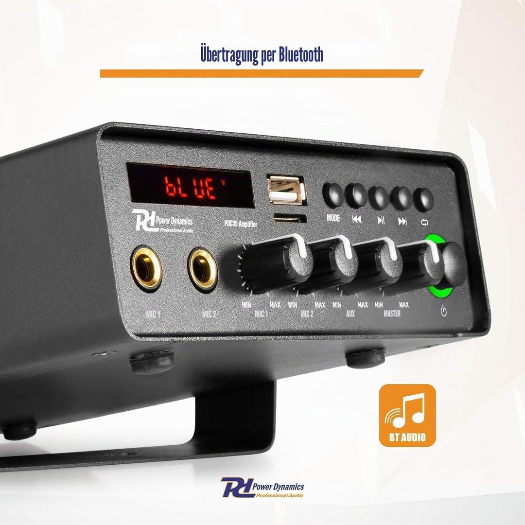 Power Dynamics PCD30 kompakter Verstärker mit dualer Stromversorgung, Bluetooth - 30 Watt - 12 Volt