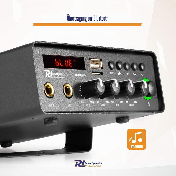 Power Dynamics PCD30 kompakter Verstärker mit dualer Stromversorgung, Bluetooth - 30 Watt - 12 Volt