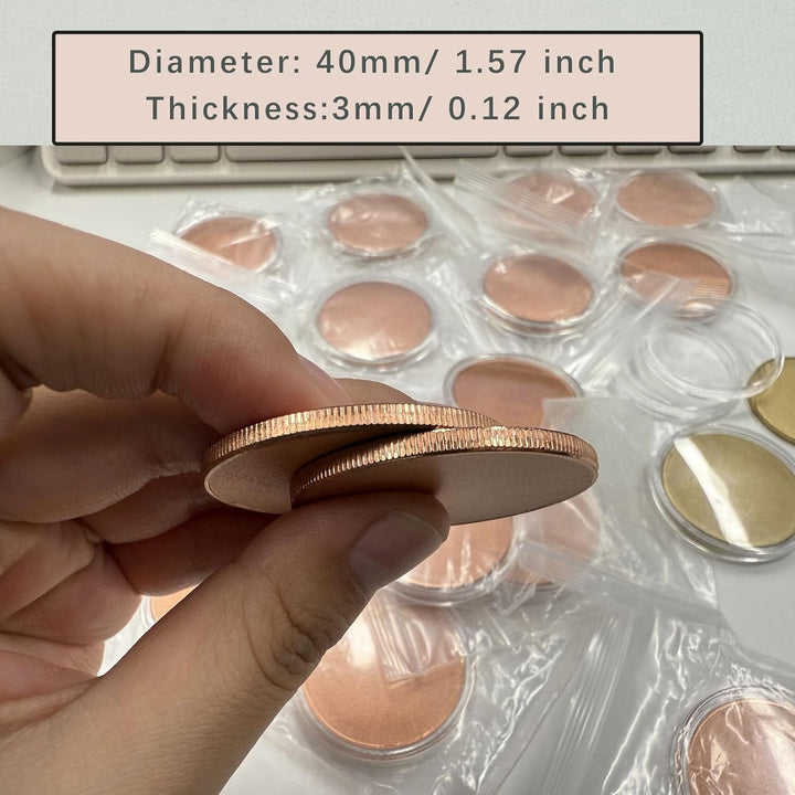 30 Stück 3 mm Kupfer-Münzrohlinge, 40 mm Gewindekante, 3 mm dicke Acryl-Schutzbox, Herausforderungs-