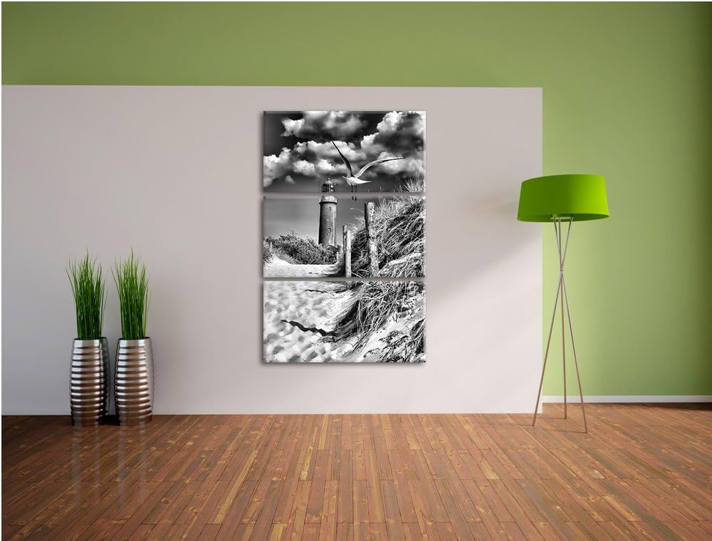 Pixxprint Schöner Leuchtturm am Strand / 3-Teilig/Gesamtmass 120cm Leinwandbild bespannt auf Holzrah
