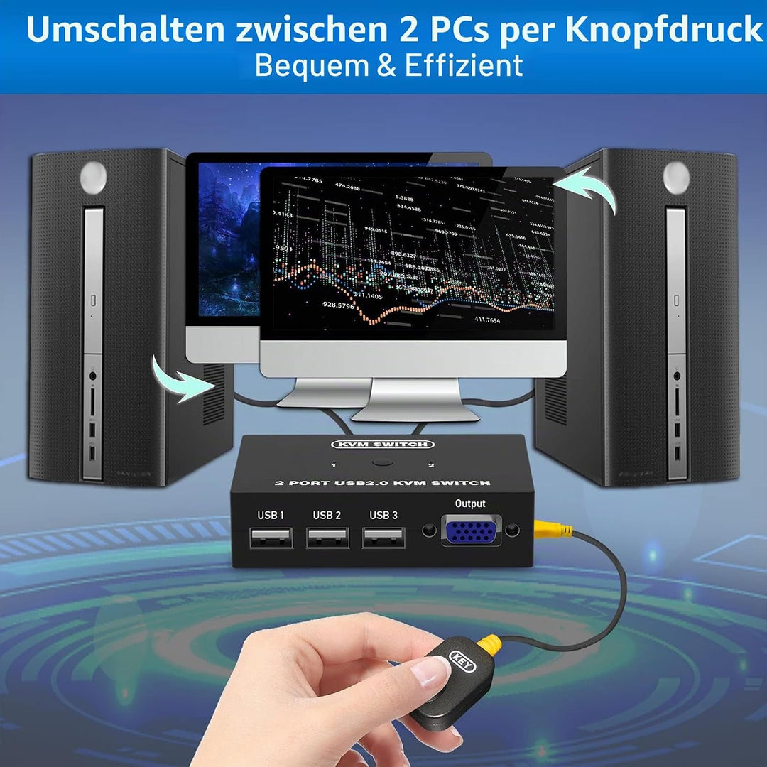 2 Port KVM Switch USB VGA mit KVM Kabeln, KVM Umschalter für VGA Monitor und USB Tastatur Maus 2 Por