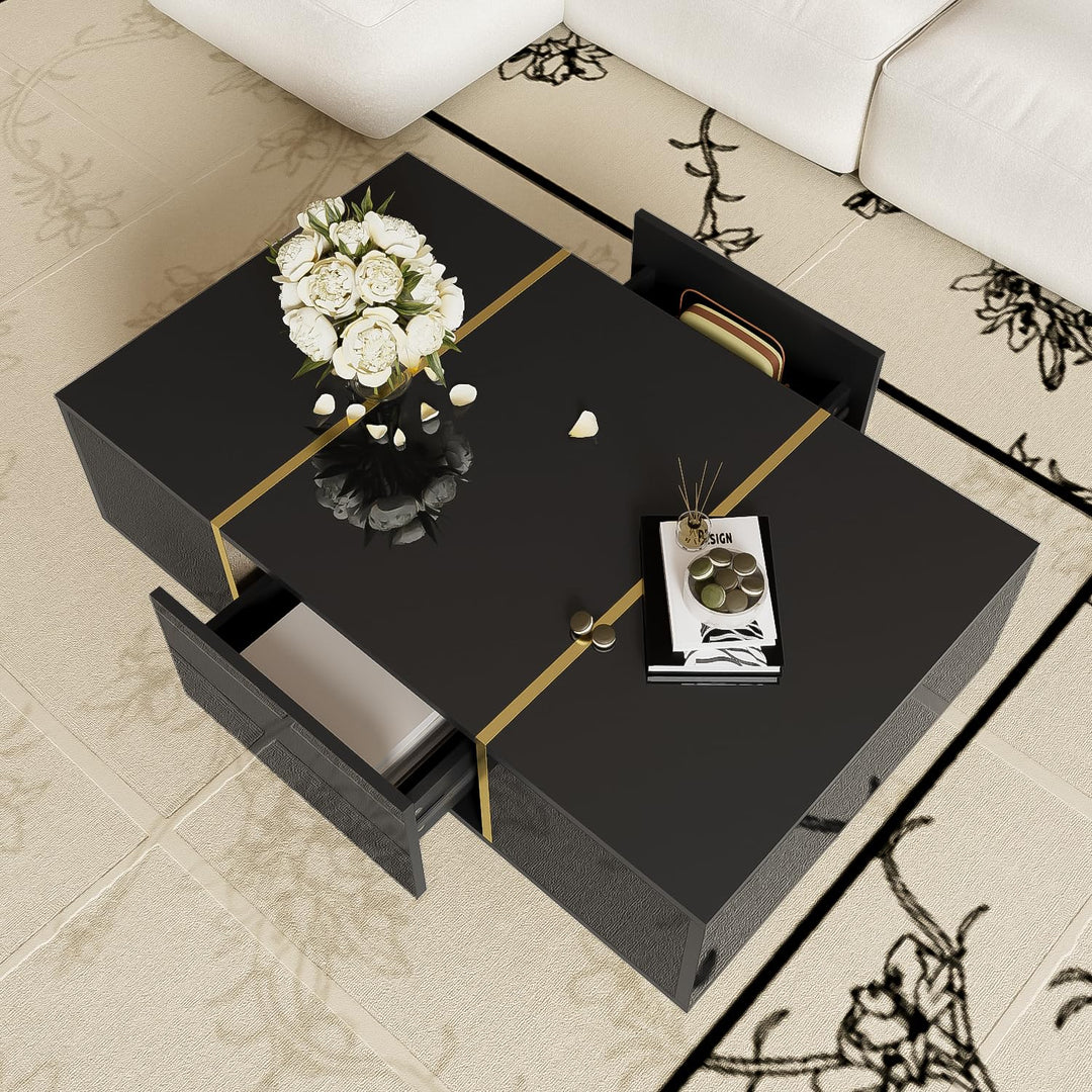 BTM Moderner Couchtisch in Schwarz mit Hochglanz und 2 Schubladen, 100 cm (L) x 60 cm (B) x 41,5 cm