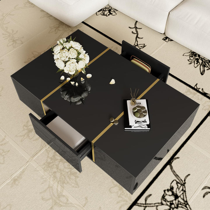 BTM Moderner Couchtisch in Schwarz mit Hochglanz und 2 Schubladen, 100 cm (L) x 60 cm (B) x 41,5 cm