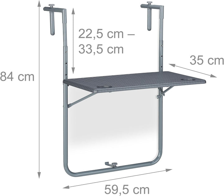 Relaxdays Balkonhängetisch klappbar, BxT: 59,5 x 60 cm, 3-Fach höhenverstellbar, 2 Getränkehalter, G