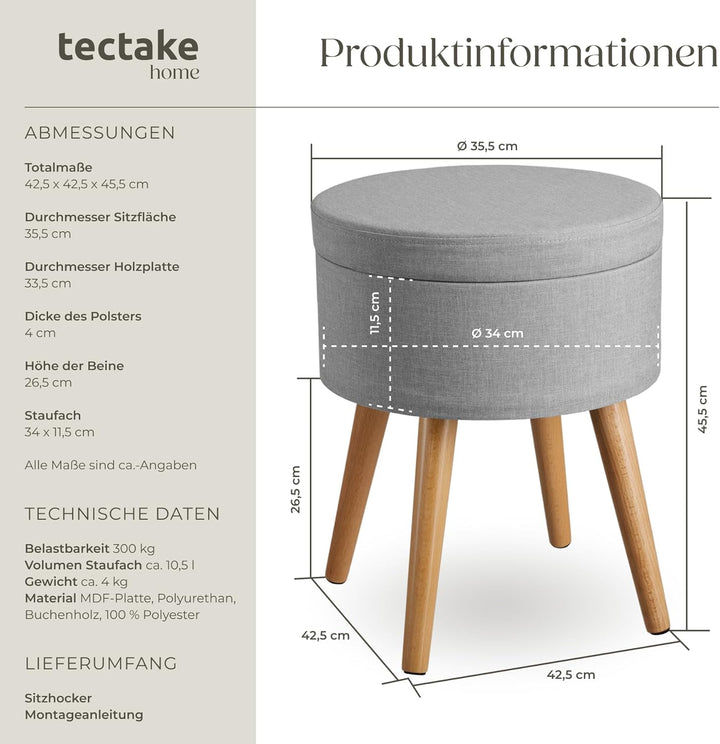 tectake 800836 Sitzhocker mit Stauraum in Leinenoptik, bis 300 kg belastbar, rund, Deckel abnehmbar,