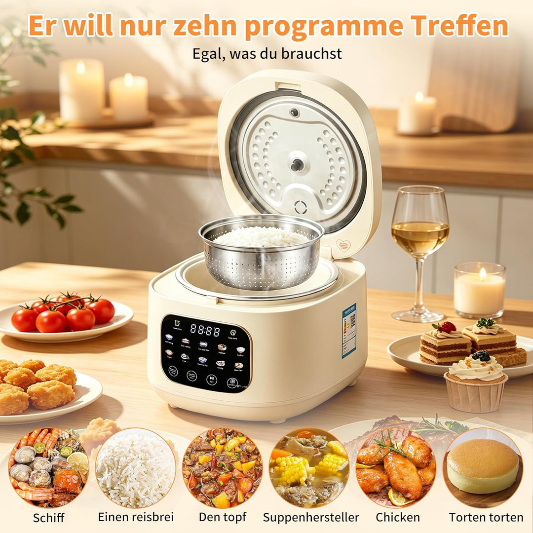 Reis Kocher Low Sugar, 3L Rice Cooker Small mit Low Carb Funktion and Dampfgarer 10 in 1 Reiskocher