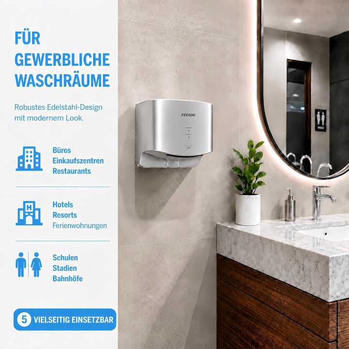 Automatischer Jet-Händetrockner, einseitig, 240 V, 1300 W, Silber