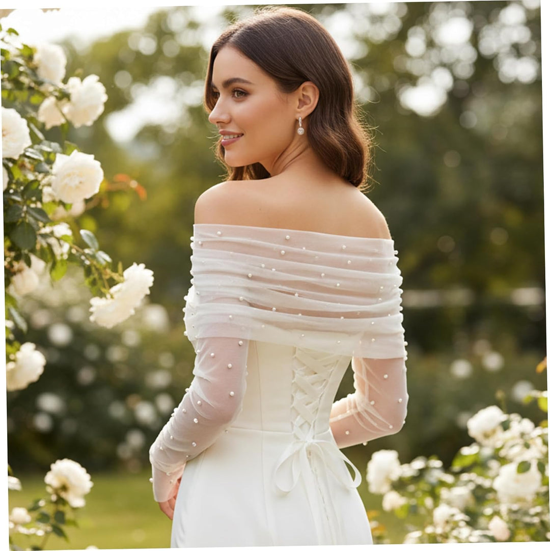 Hochzeitsschal für die Braut, schulterfreier, transparenter Schal mit abnehmbaren Ärmeln, Braut-Hoch