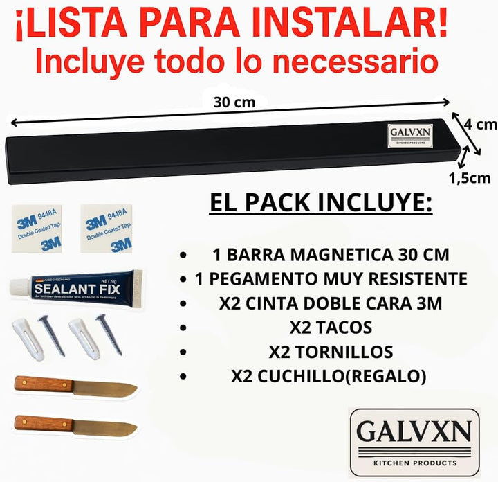 Magnet für Küchenmesser, 30 cm, mit 2 Messern, Magnetleiste für Messer, robust, Küchenmesserhalter,