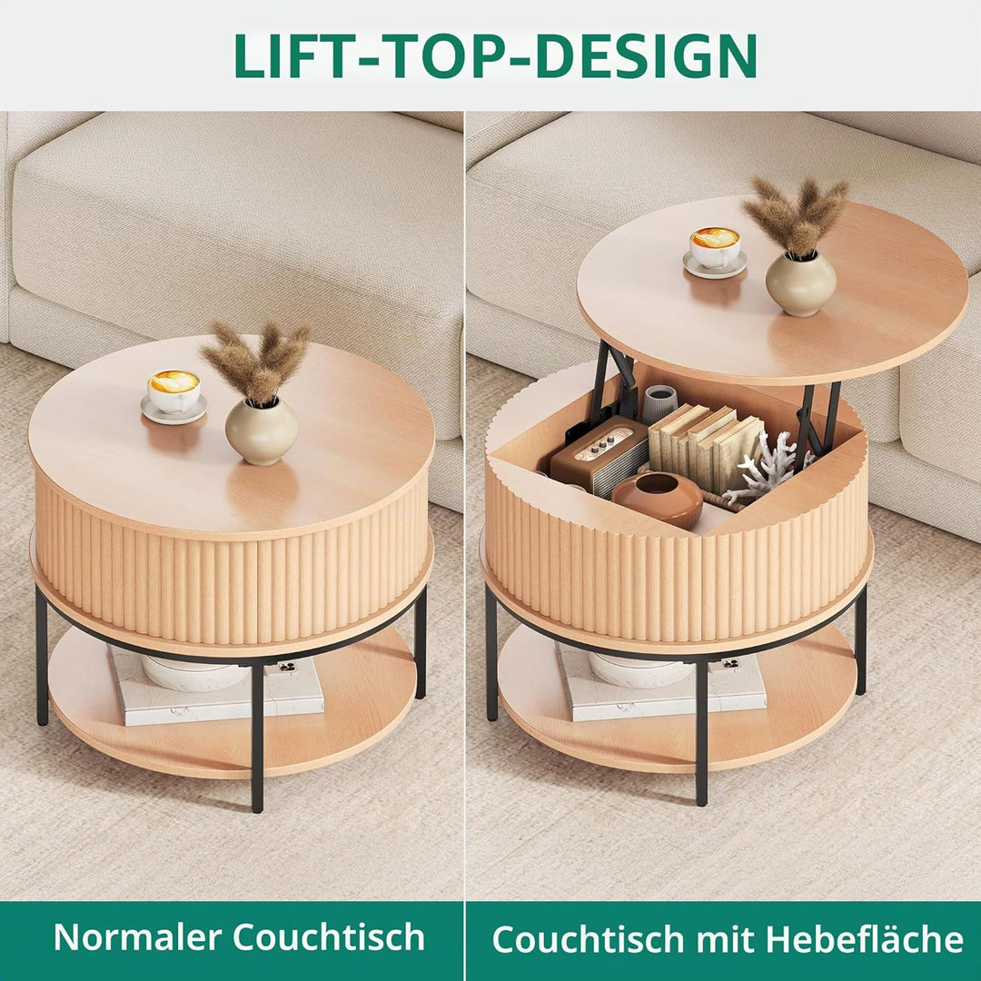 YITAHOME Couchtisch Höhenverstellbar, Couchtisch Rund mit geriffeltem Design und verstecktem Staurau