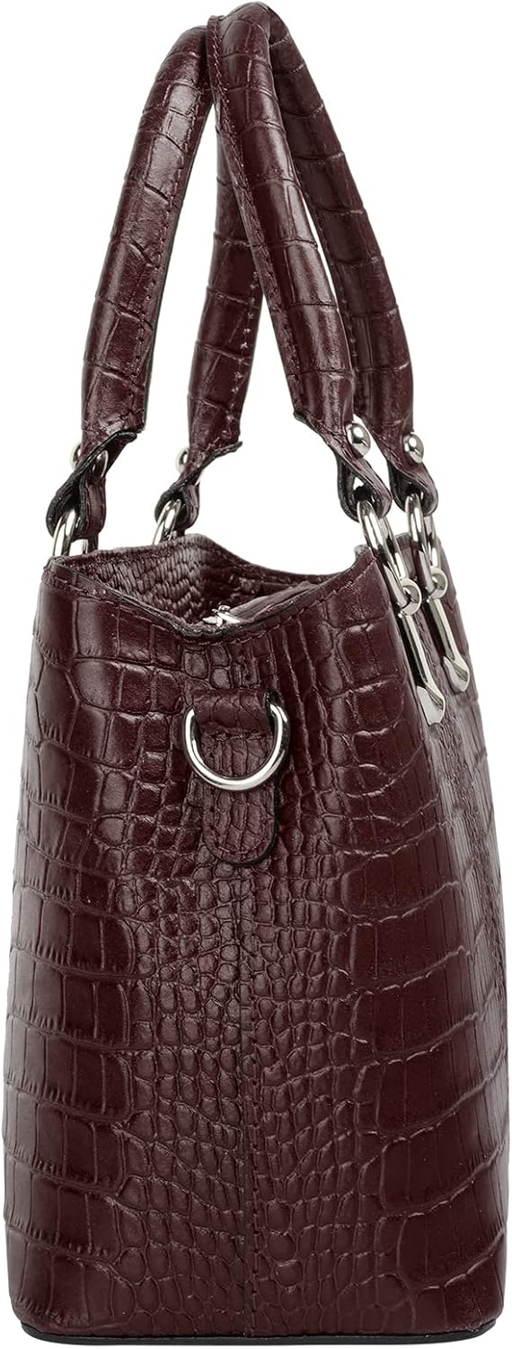 Umhängetasche Echt Leder Damen Made in Italy, Kroko-Optik Handtasche, Damen Schultertasche, elegante