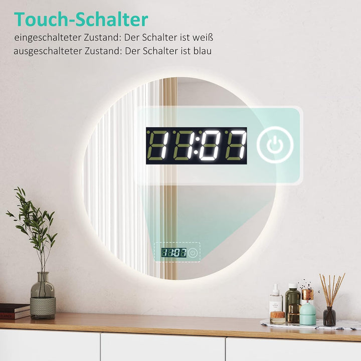 Boromal LED Badspiegel Rund mit Beleuchtung 70x70cm LED Spiegel Rund mit Uhr 3000K-6500K 2352LM Bade