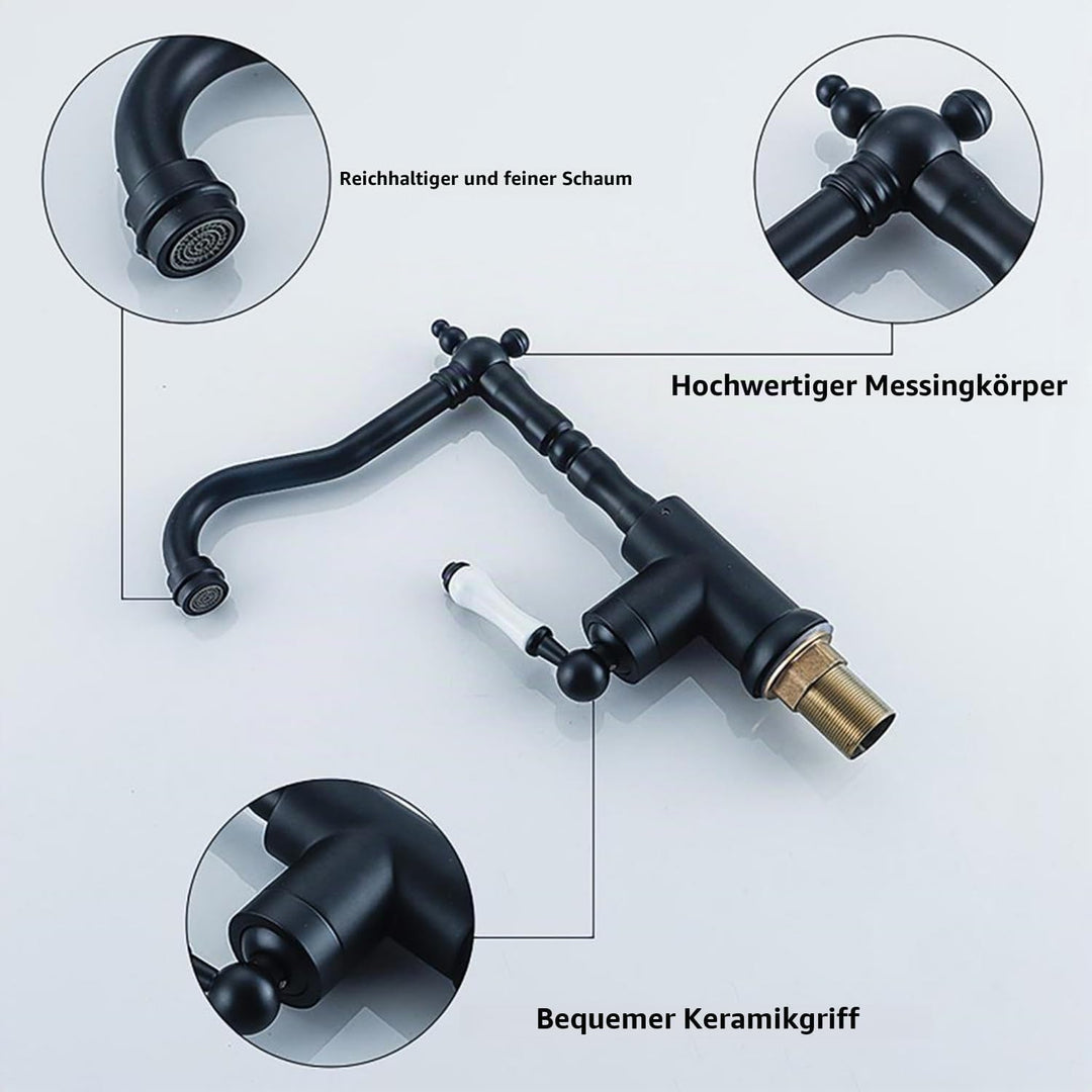 Küchenarmatur, Retro-Küchenarmatur, Messing, Schwarz, 360° drehbar, Warm- und Kaltwasser einstellbar