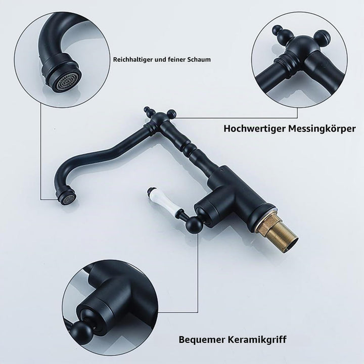 Küchenarmatur, Retro-Küchenarmatur, Messing, Schwarz, 360° drehbar, Warm- und Kaltwasser einstellbar
