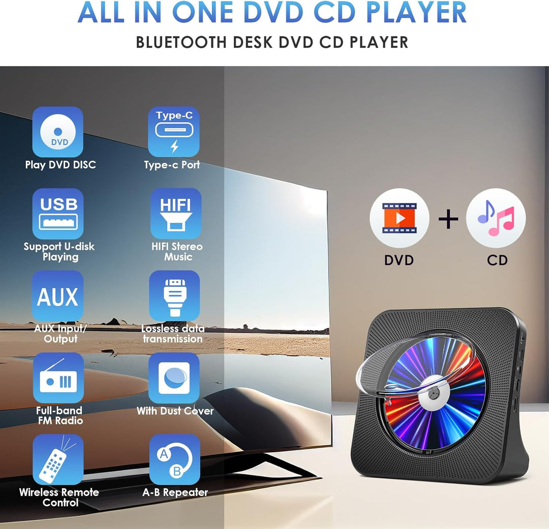 Gueray DVD Player CD Player Bluetooth CD-Player mit Lautsprecher Unterstützt Fernbedienung Anzeige F
