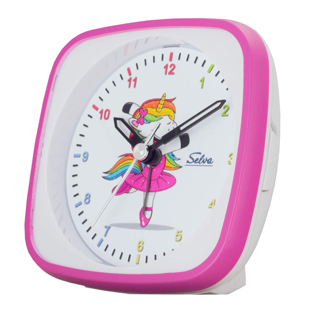 SELVA Quarzwecker Einhorn-Ballerina, perfekt zur Einschulung pink/weiss. Schleichende Sekunde lautlo