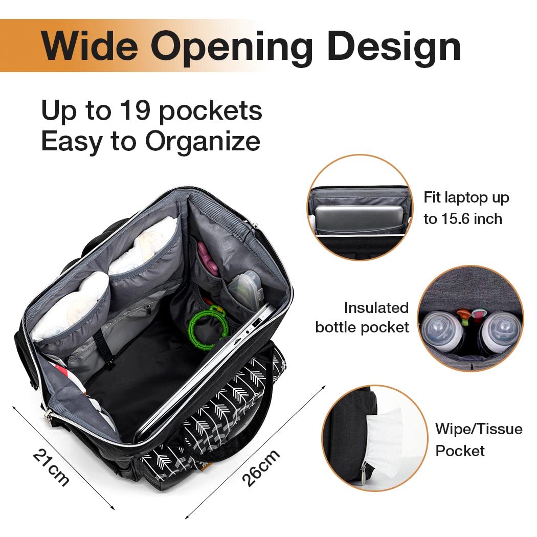 Lekebaby Wickelrucksack Wickeltasche mit Wickelunterlage, Schwarz, Schwarz