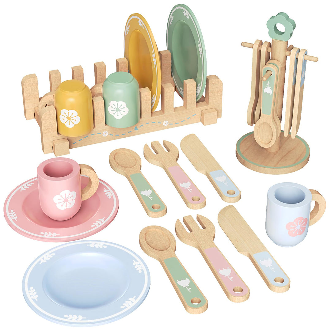 Kinderküche Geschirr Teeservice Kinder Holz, 29 Pcs Montessori Küchenzubehör mit Tassen Teller, Spie