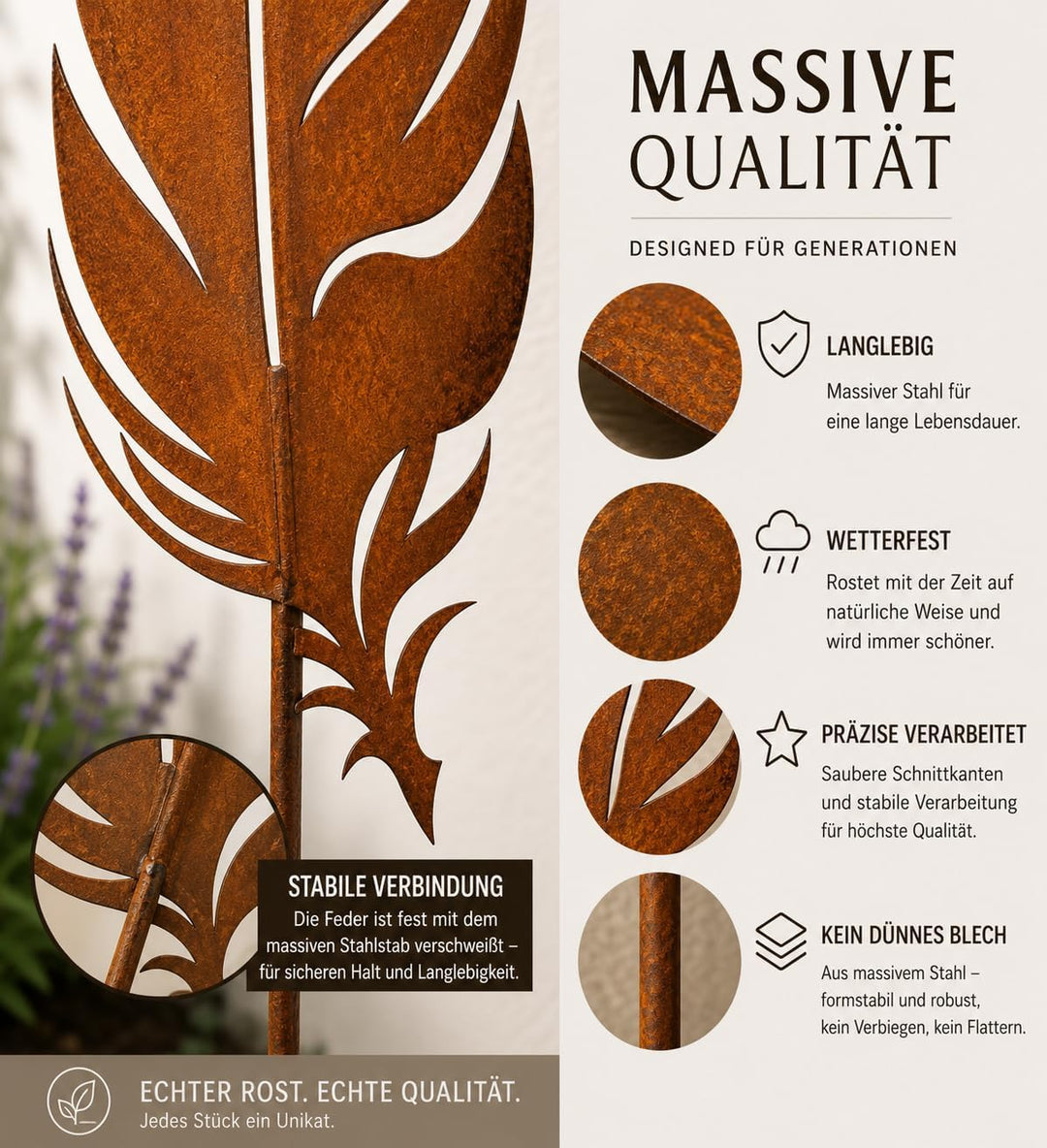 Terma Rost Feder Set XXL 134cm Höhe Gartenstecker, Gartenfigur gross, Metallfigur Garten, Gartenstec