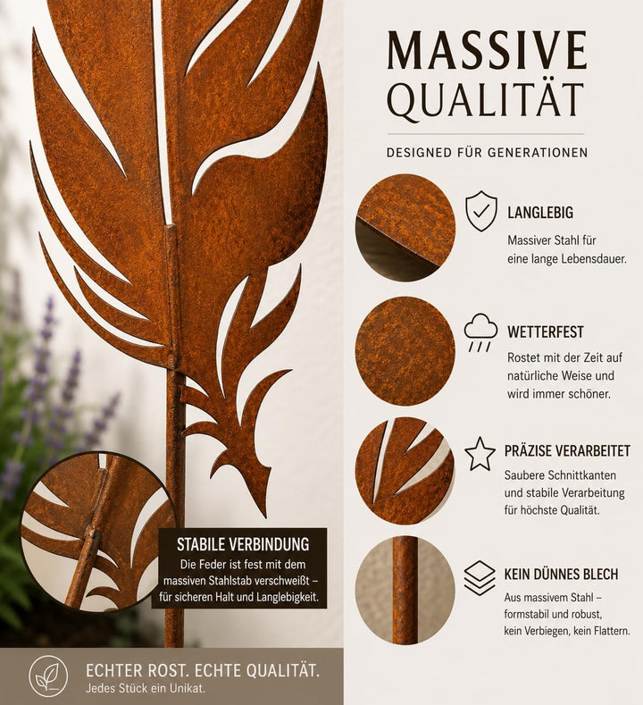 Terma Rost Feder Set XXL 134cm Höhe Gartenstecker, Gartenfigur gross, Metallfigur Garten, Gartenstec