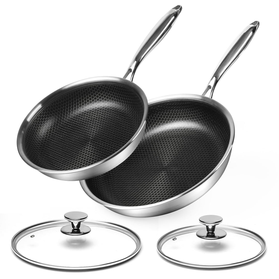 Innerwell Premium Pfannensets aus Edelstahl 24+28cm Bratpfanne mit Deckel, Antihaft & Kratzfest Wabe