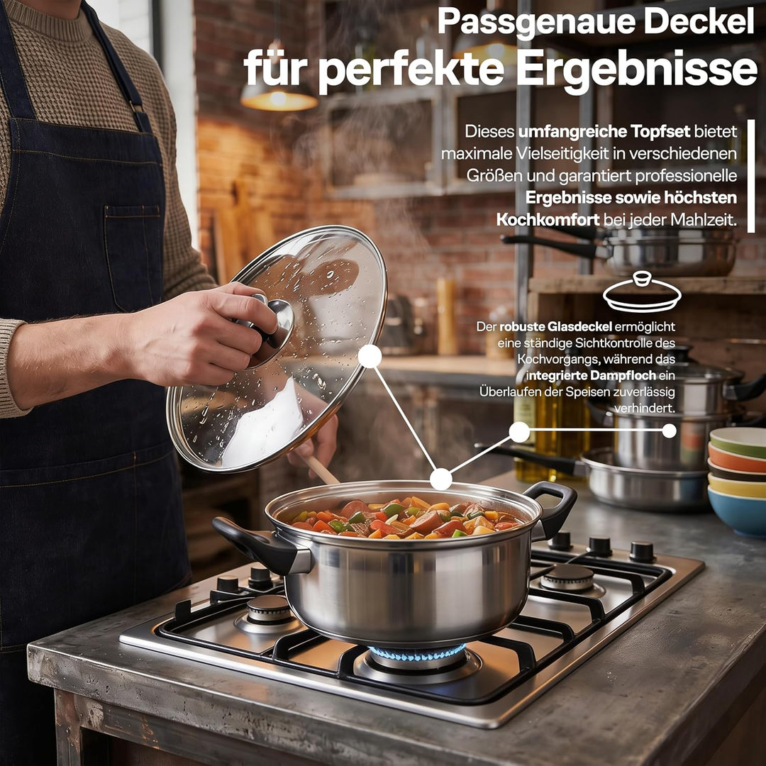Retoo Topfset Induktion 12-teilig Kochtopf Set mit Glasdeckel Edelstahl Bratpfanne Kühlbleibender Gr