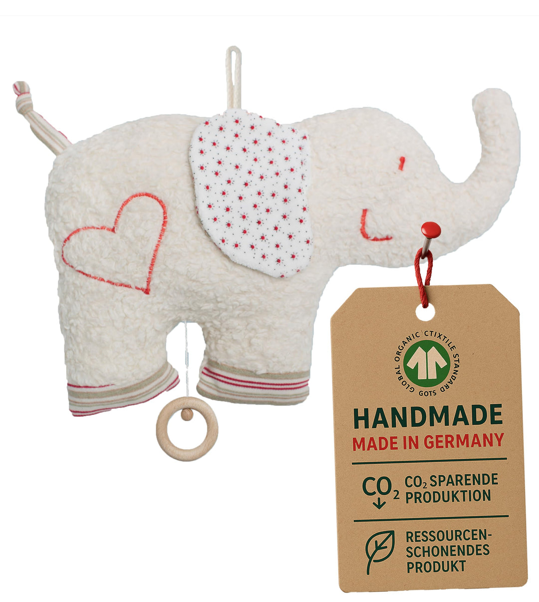 Efie Bio-Spieluhr Elefant – handgefertigt in Deutschland – 100% Baumwolle (kbA), Füllung Schurwolle