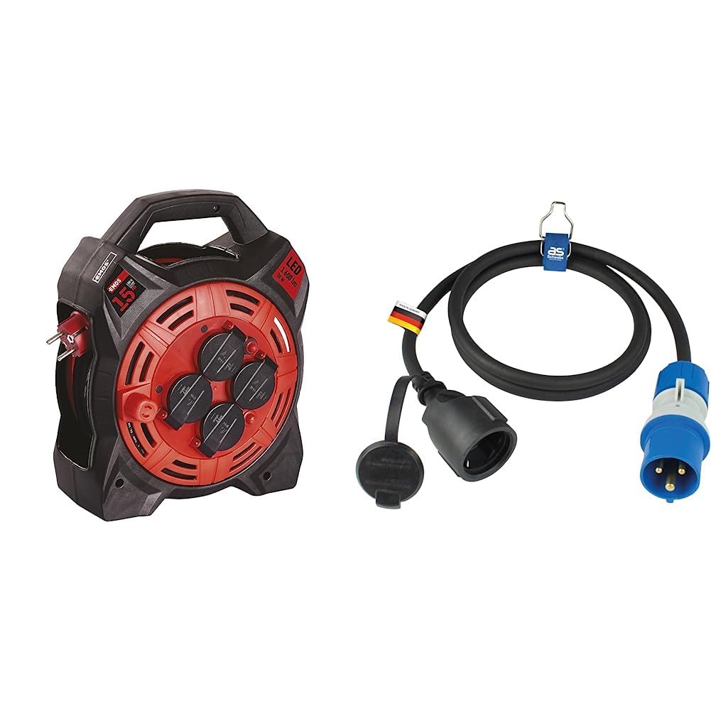 EMOS Kabeltrommel mit LED-Strahler, 15m Outdoor-Kabelbox Schuko und 20W Fluter & as - Schwabe Campin