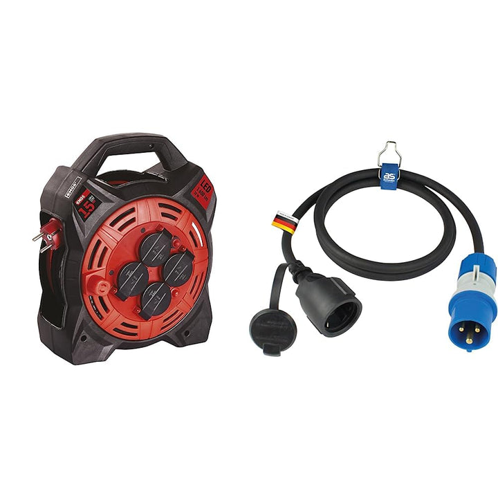 EMOS Kabeltrommel mit LED-Strahler, 15m Outdoor-Kabelbox Schuko und 20W Fluter & as - Schwabe Campin