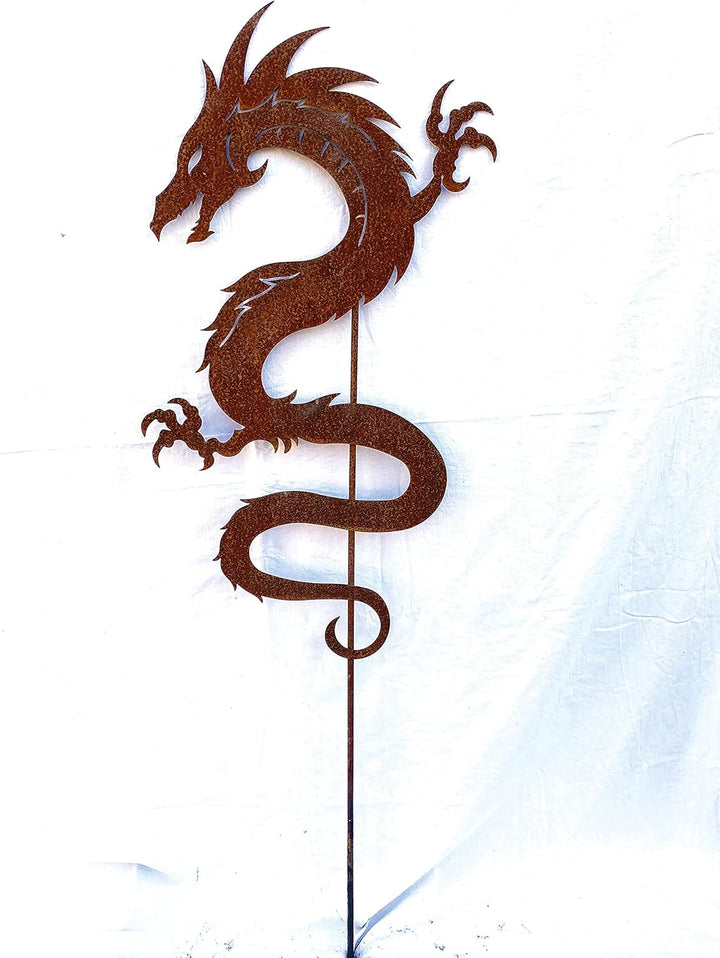 Gartenfigur Chinesischer Drache Schlange 75x43cm + Stab Gartenstecker Edelrost Gartendeko Wetterfest