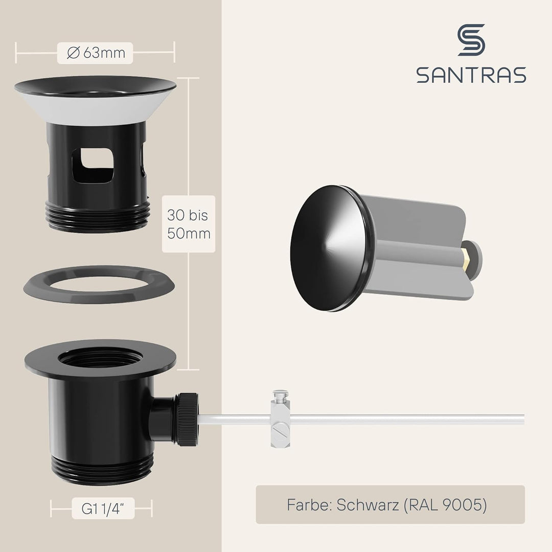 SANTRAS® Exzenter Ablaufgarnitur PREMIUM für Waschtisch mit Schutz vor Überlauf in Schwarz – Komplet