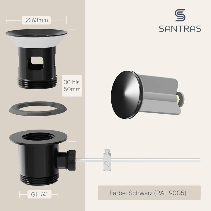SANTRAS® Exzenter Ablaufgarnitur PREMIUM für Waschtisch mit Schutz vor Überlauf in Schwarz – Komplet