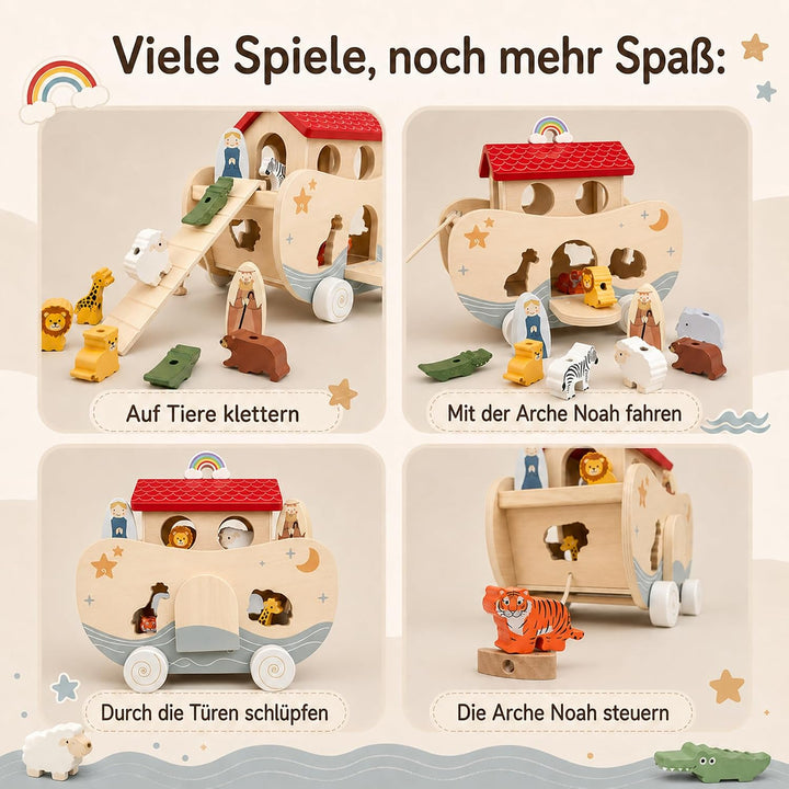 Arche Noah Holz, Montessori Spielzeug und Taufgeschenk ab 1 Jahr | Liebevolles Taufgeschenk: Arche N