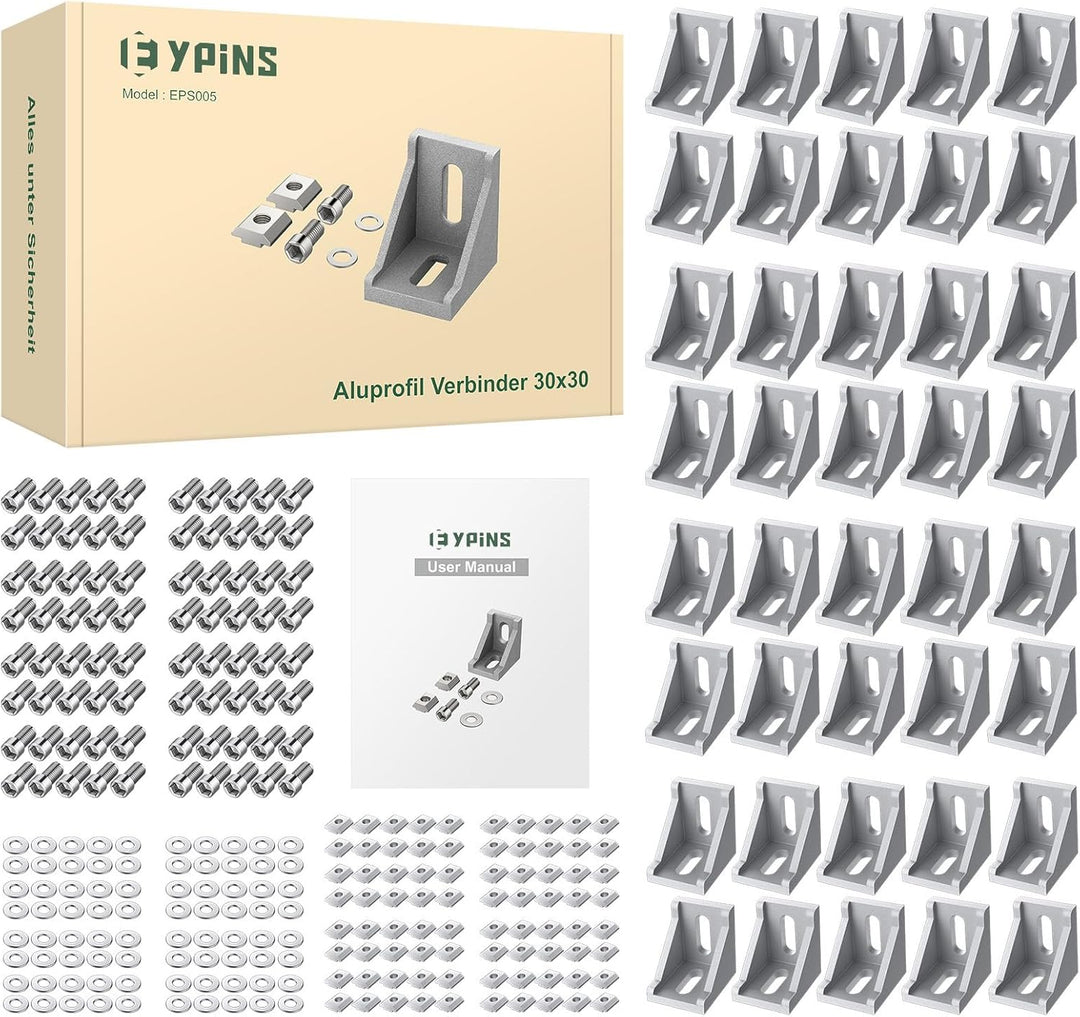 EYPINS 40x Befestigungsmaterial Winkel Befestigung, Aluprofil 30x30 & 30x60 Nut 8 Raster Streben Alu