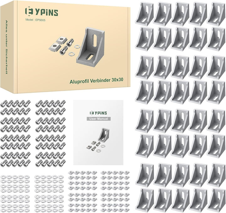 EYPINS 40x Befestigungsmaterial Winkel Befestigung, Aluprofil 30x30 & 30x60 Nut 8 Raster Streben Alu