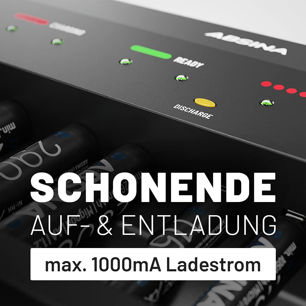 ABSINA Akku Ladegerät X10 für AA, AAA &amp; 9V - Akkuladegerät 10-Fach zum Laden von wiederaufladbaren A