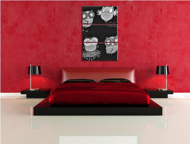 Pixxprint Verrückte Eulen für Kinder als Leinwandbild/Grösse: 3 Teilig (120x80) cm/Wandbild/Kunstdru