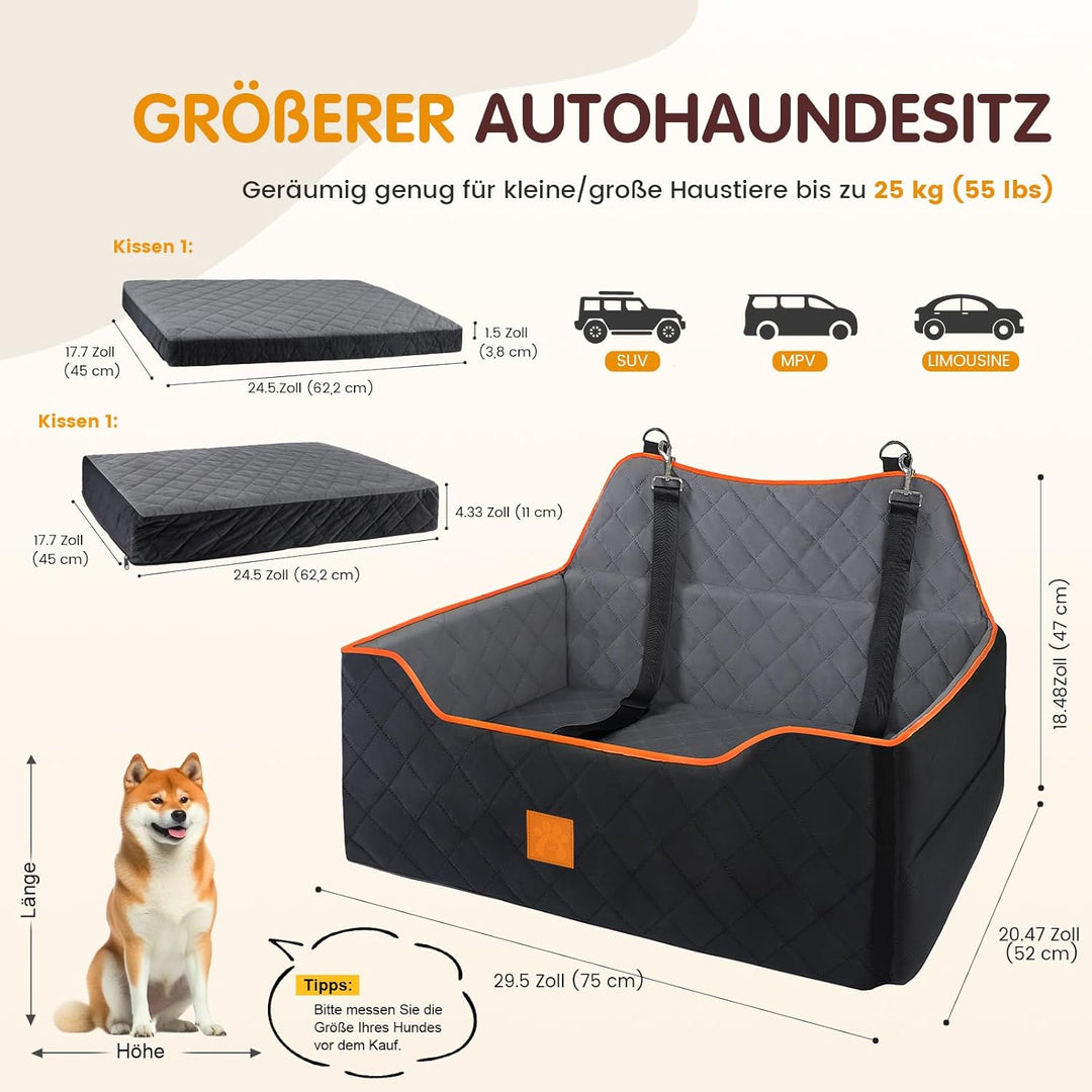 Hunde-Autositz für Hunde unter 25 kg oder 2 kleine Hunde, Sicherheits-Memory-Schaum-Autositz mit 2 K