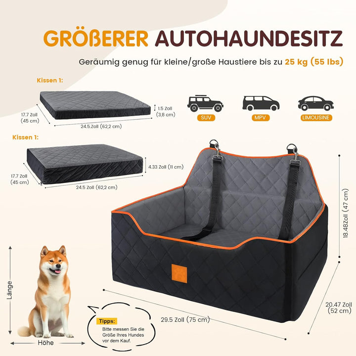 Hunde-Autositz für Hunde unter 25 kg oder 2 kleine Hunde, Sicherheits-Memory-Schaum-Autositz mit 2 K