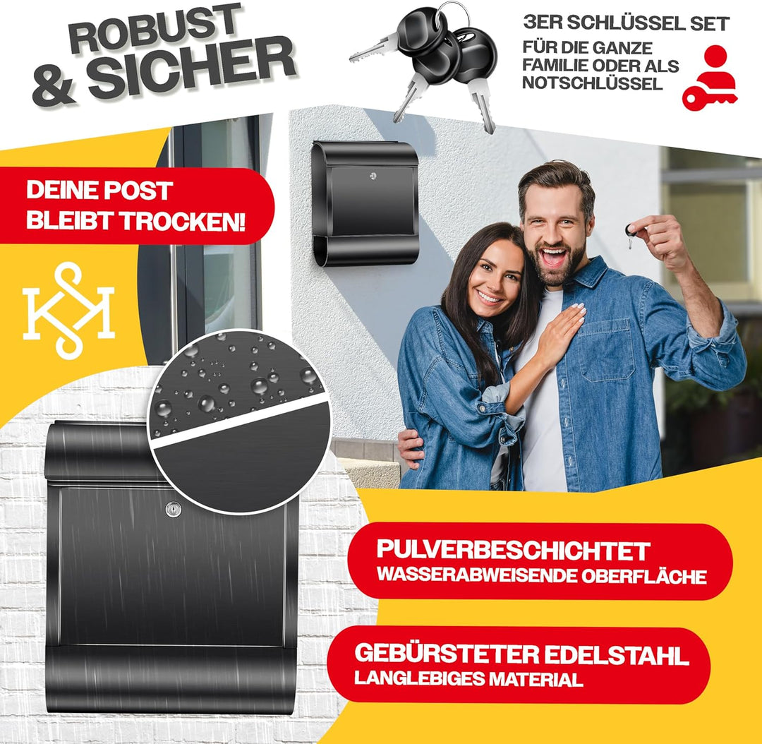 KESSER® XXL Briefkasten Edelstahl mit Zeitungsfach, gebürstet, 3X Schlüssel abschliessbar, Pulverbes