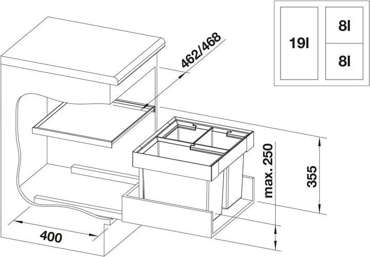 BLANCO Flexon II 50/3, Abfallsystem für die Mülltrennung in der Küche, mit 3 Mülleimern (19 l / 2 x