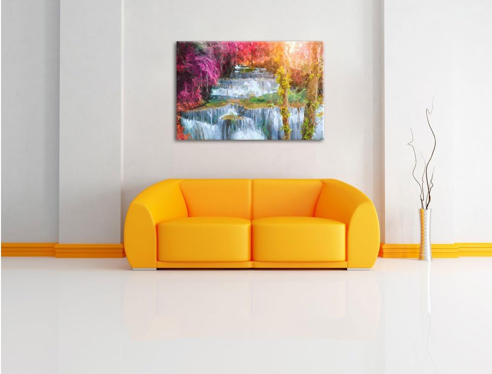 Pixxprint Wasserfall im Regenwald / 100x70cm Leinwandbild bespannt auf Holzrahmen/Wandbild Kunstdruc