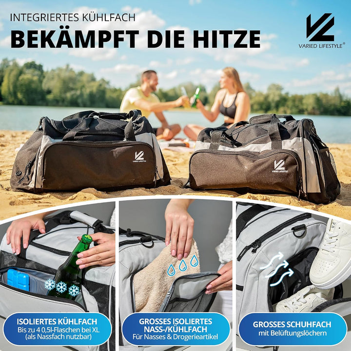 VL® Sporttasche Gross mit Schuhfach, Nassfach &amp; [Isoliertes Kühlfach] Saunatasche &amp; Reisetasche für