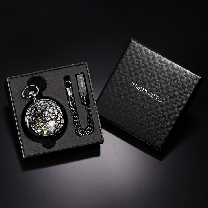 TREEWETO Unisex Taschenuhr mit Kette Analog Handaufzug Doppelscharnier Antik Drache Skelett Bronze 4